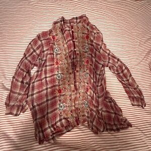 Johnny Was Burgundy Plaid Shirt with Embroidery